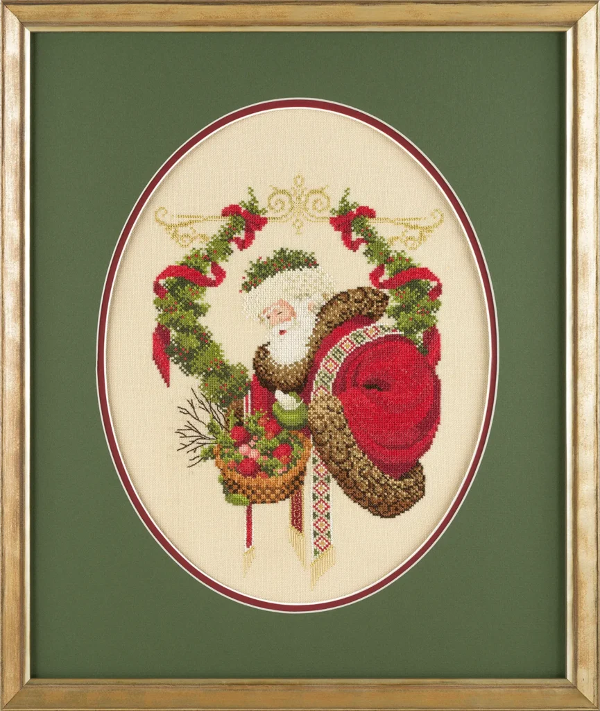Stickbild rahmen lassen zu Weihnachten. Weihnachtsmann hinter Doppelpassepartout in Rot und Grünmit ovalem Ausschnitt