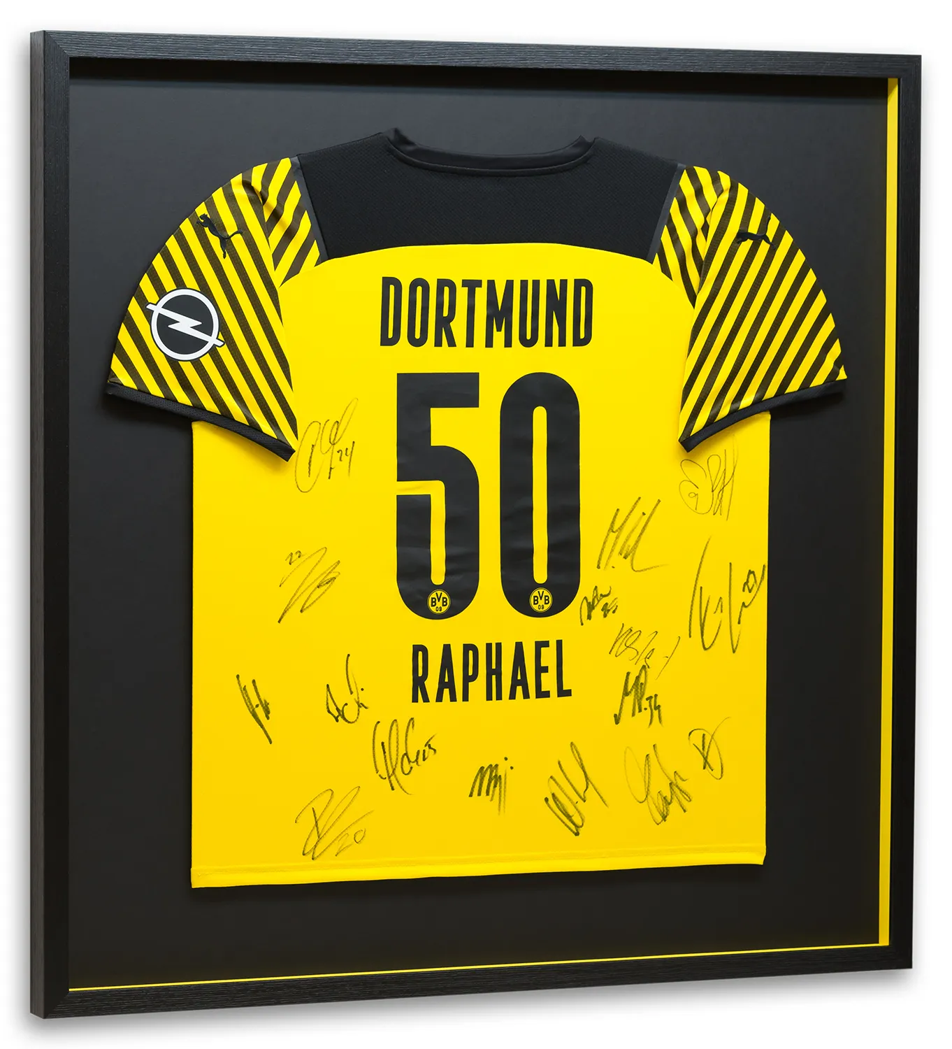 Trikotrahmen mit Dortmund Fußball-Trikot. Einrahmung präsentiert die unterschriebene Rückseite des Trikots